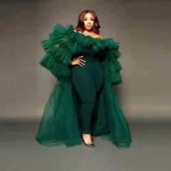 Green Tiered Off The Shoulder Prom Dresses Aso Ebi Arabia Plus Size Jumpsuits Evening Gowns Robe De Soiree Party Dress