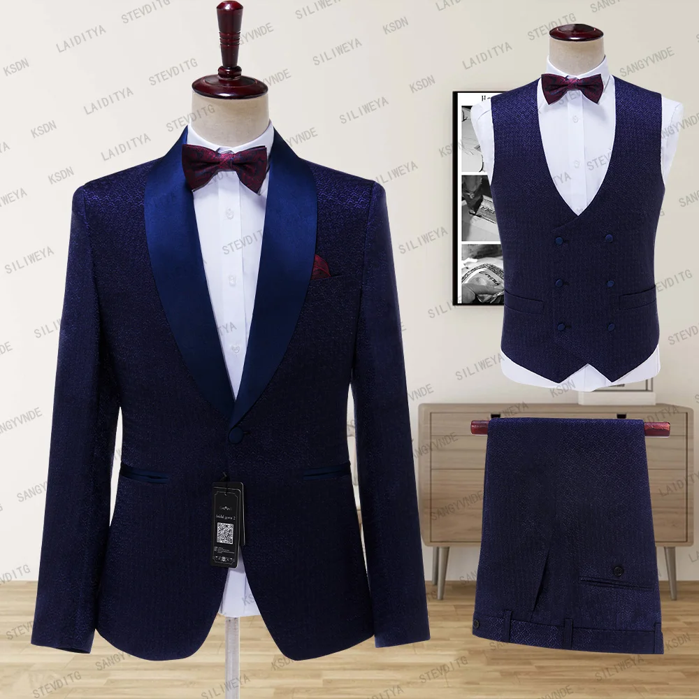 

SILIWEYA 2023 New Men Suits Blue Shawl Lape Jacquard Floral Groom Satin Lapel Groomsmen Wedding Best Man Jacket+Pants+Vest