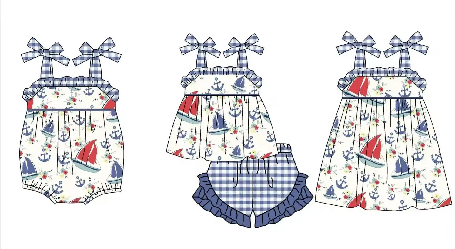 New boutique children's set suspender bow sailboat print shorts lace girl set baby jumpsuit dress