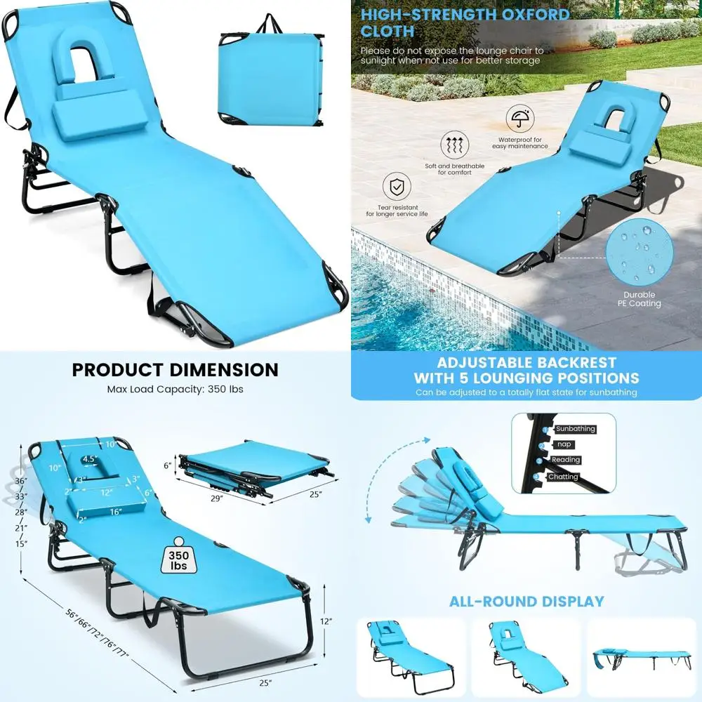Adjustable Folding Chaise Lounge Chair for Beach with Face Hole, Washable Pillow, Carry Strap, Supports Up to 350lbs