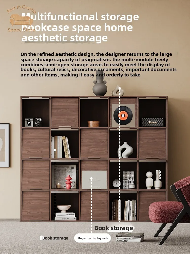 Black solid wood floor-to-ceiling bookcase, lattice cabinet, living room module combination, low magazine cabinet, display
