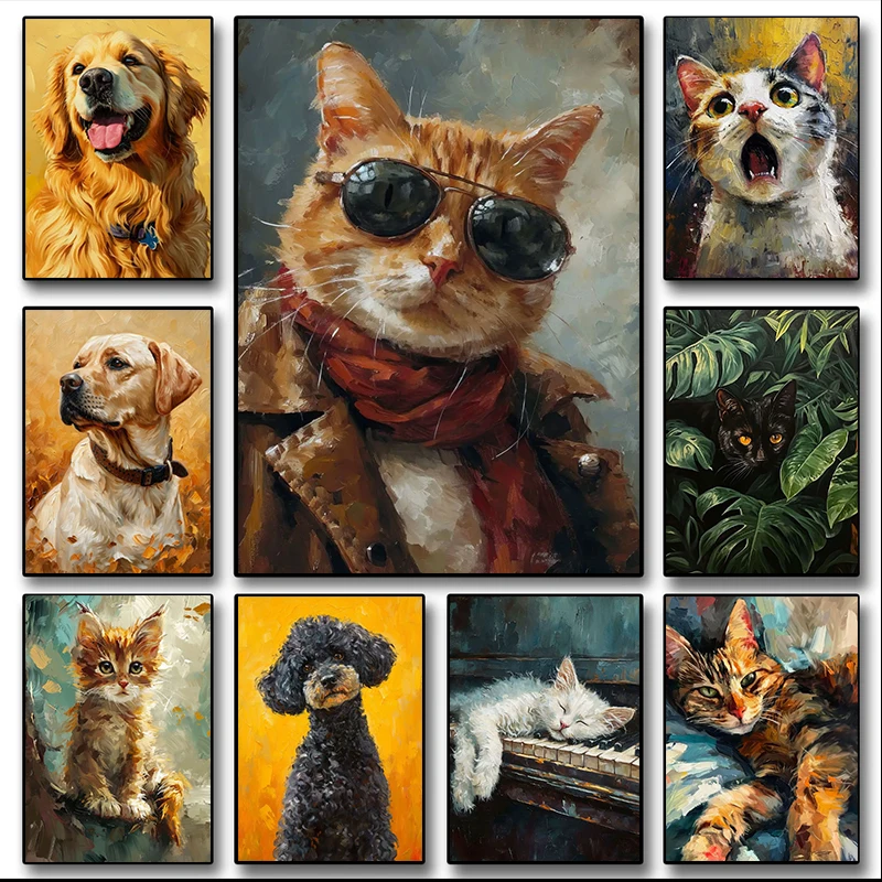 Pintura de Diamantes con Diseño de Gato Blanco y Perros (Golden Retriever, Bulldog), Impresión de Diamantes, Póster Nórdico, Cuadro HD para Pared, Habitación Infantil, Hogar