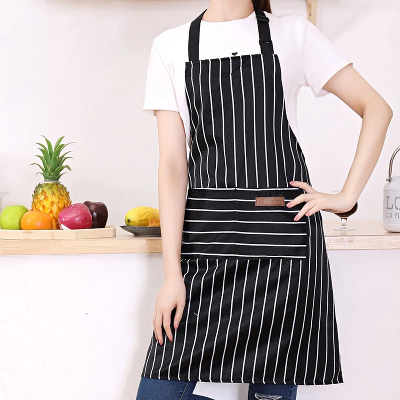 

2PCS Striped Chef Cooking Apron Cotton Linen Halterneck Apron With 2 Pockets Men Woman Restaurant Kitchen Baking Work Apron