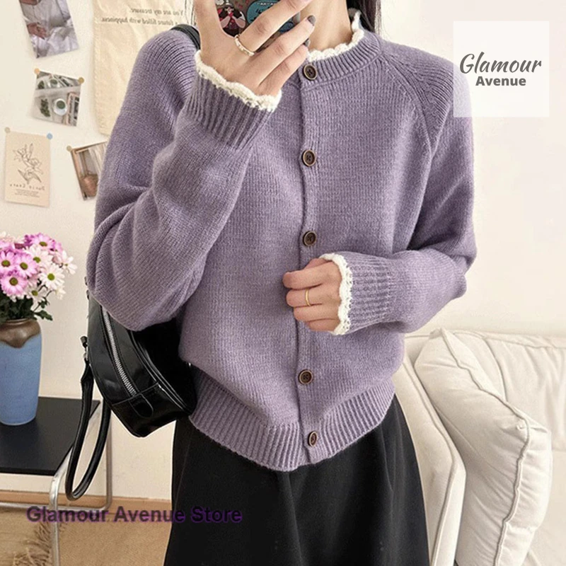 フレンチカラーマッチングレースニットカーディガンコートレディース秋冬新作ラウンドネックセータールーズ年齢軽減シックトップ