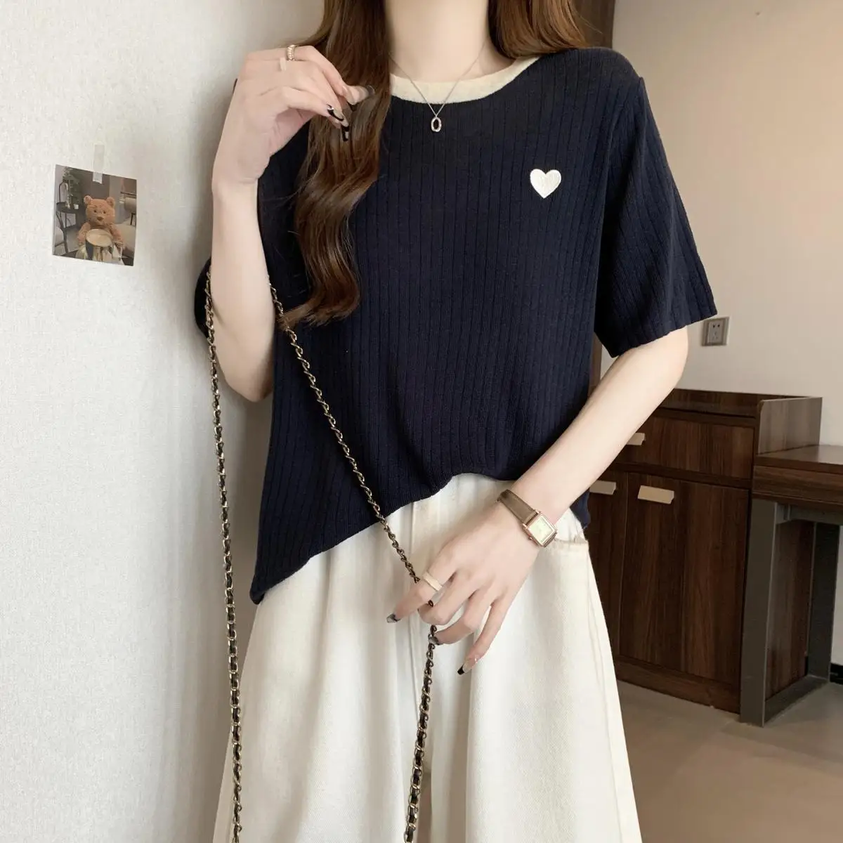 Summer Youth Women New Patchwork Colorful Loose Short Sleeved Casual Multiple Colour All-match Round Neck Printing Pullovers Top image 5