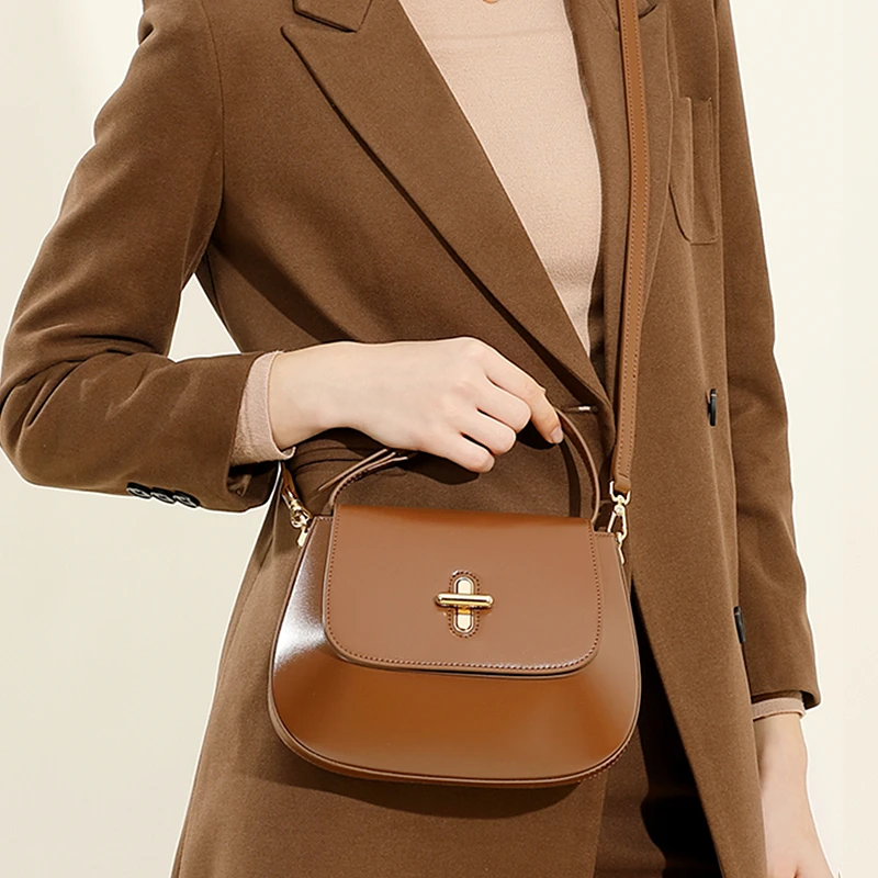 HIFASHION Genuine Cowhide Leather Saddle Bags Women Small Shoulder Crossbody Bags Top Handle Purse Flap Handbag For Work Party