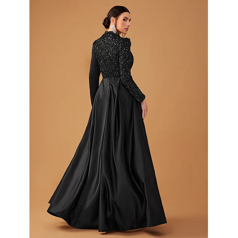 2024 New Fashion Women Long Sleeve O Neck High Waist Black Sequins Ball Gown Cocktail Prom Evening Formal Occasion Maxi Dress