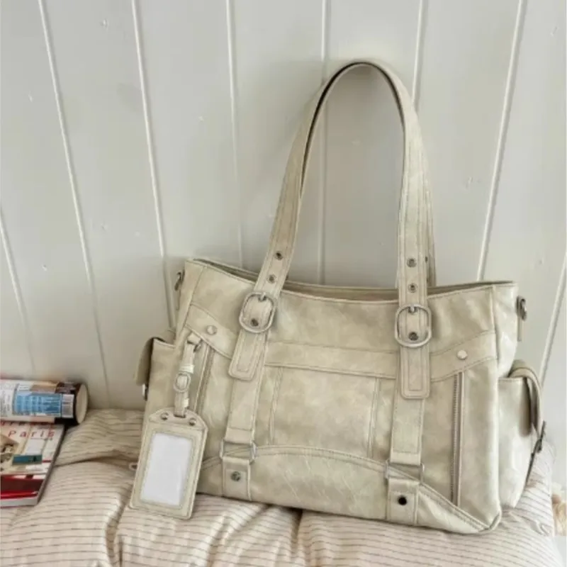 

Hot Girl Vintage Studded Tote Bag Women Leather Textured Large Capacity Shoulder Bag Ladies Y2k Aesthetics Commute Crossbody Bag