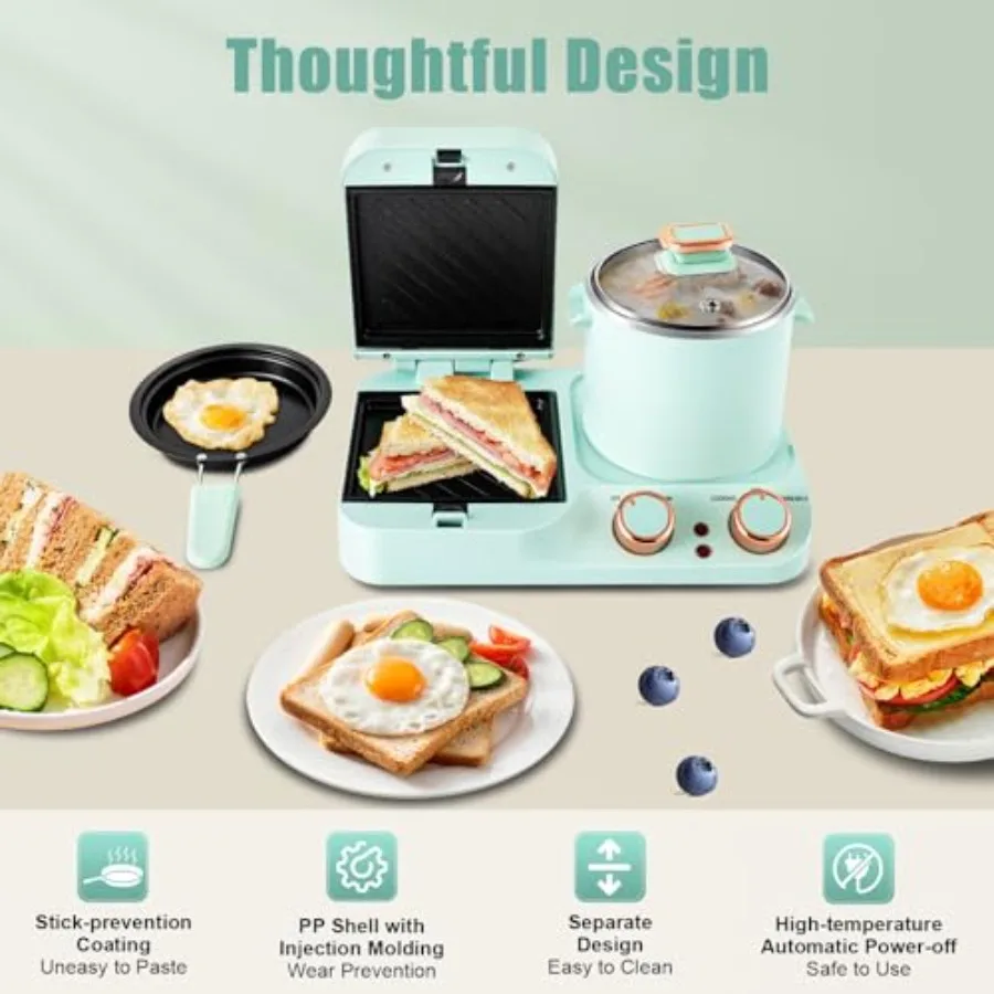 3 in 1 Breakfast Station Electric 110V Multifunctional Breakfast Maker with Mini Toaster NonStick Frying Pan Boiling Pot for Sa