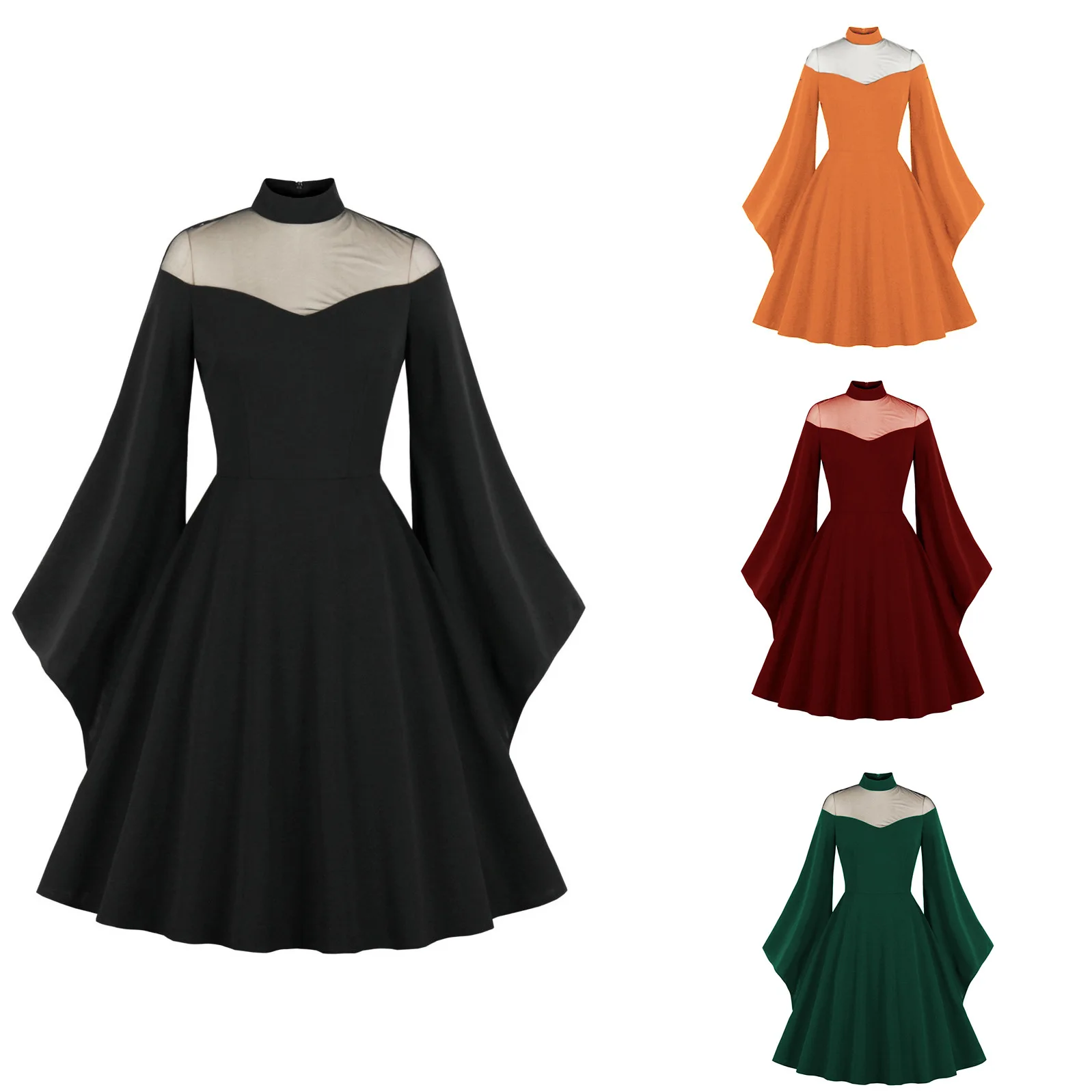 

New Halloween Black Queen mesh flare sleeve patchwork christmas dress elegant