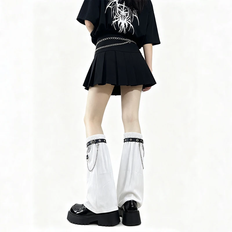 Women White Leg Warmer Sweet Gothic Wings Print Long Socks Y2k Girl Foot Cover Adjustable Belt Chains Streetwear