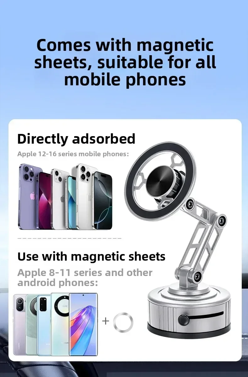 Dreiachsig faltbar 360° ° Rotierender mechanischer Arm, Autotelefonhalter, universelle Halterung, Navigation, Vakuum, magnetischer Telefonständer – Detail 12