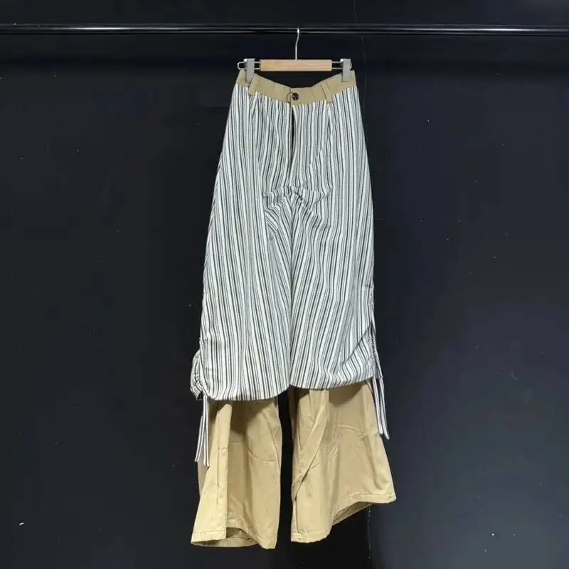 Men Striped Loose Casual Trousers Layered Pleated Flared Design Streetwear Wide Leg Pants Niche Stylish Clothing DU86