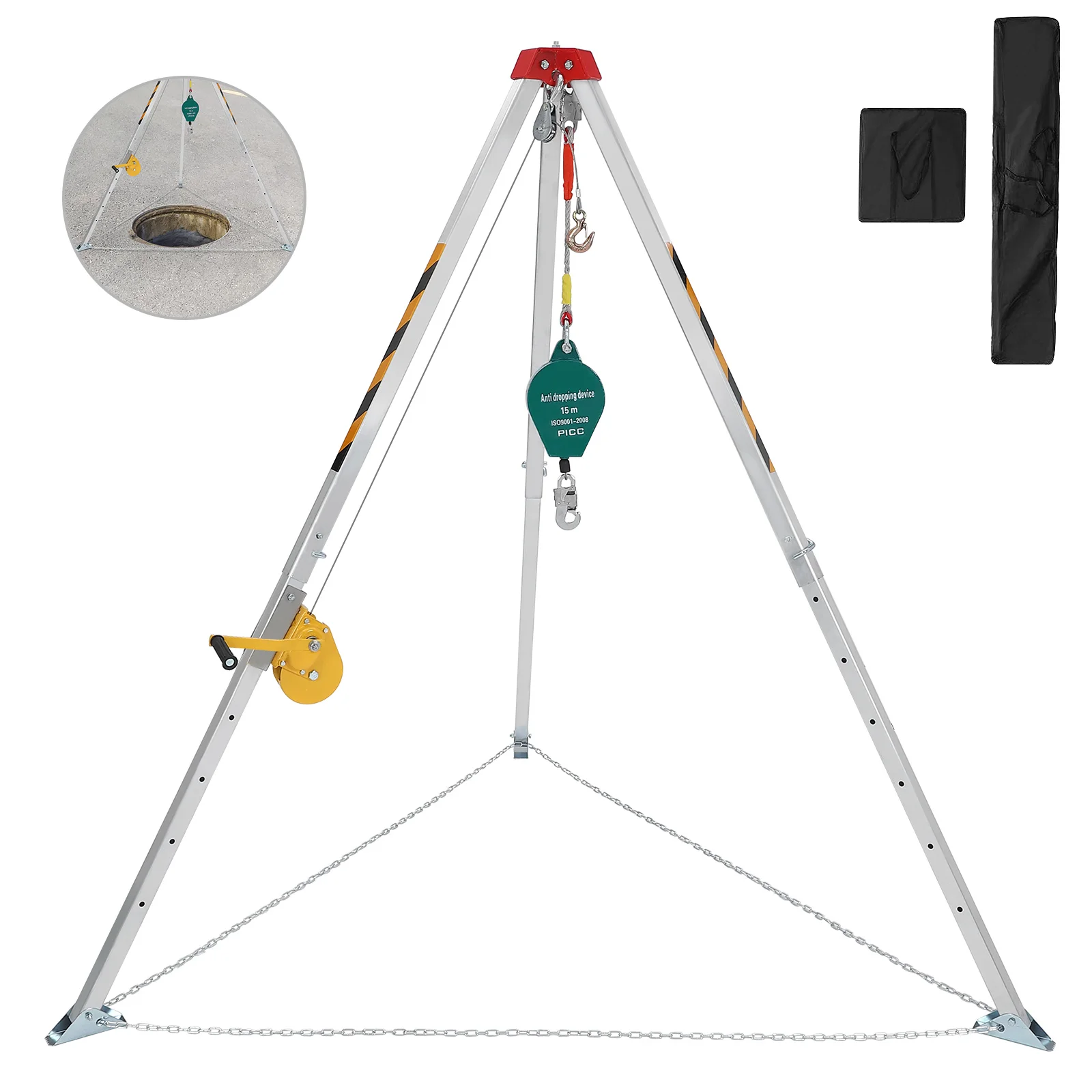 Confined Space Tripod Kit 1200 LBS Lifting Winch and Fall Arrester, Sewer Rescue Tripod with Safety Self-Locking Device