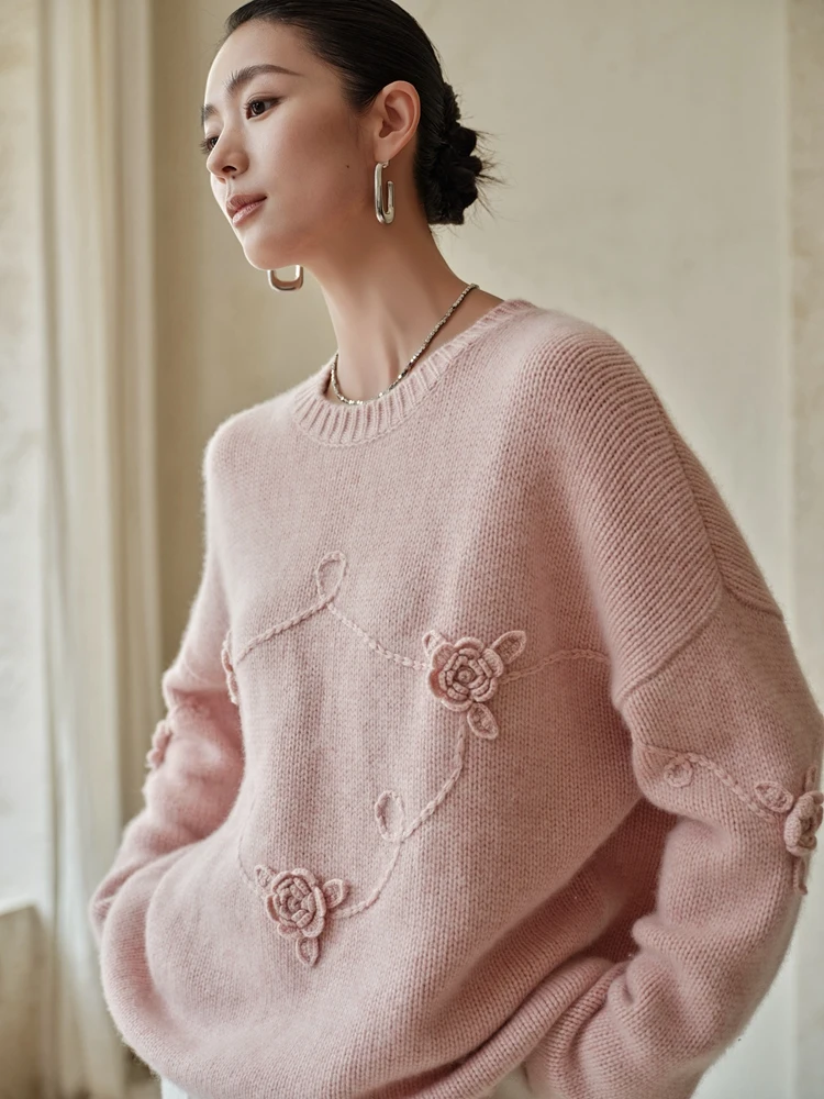 TLOML 여성 100% 캐시미어 스웨터 가을 겨울 오-넥 자수 두꺼운 루즈 풀오버 고품질 캐시미어 니트웨어 세련된 탑