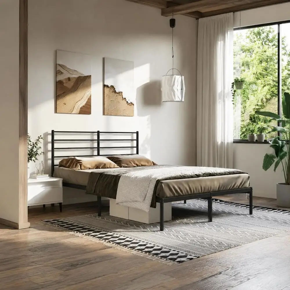 Cadre de lit métallique 140 x 200 cm en acier thermolaqué avec sommier à lattes et espace de rangement sous le lit, design classique élégant pour chambre principale, studio et espace de vie