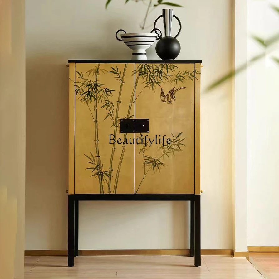 

*Solid wood entrance cabinet French retro living room corridor light luxury gold foil collection side cabinet