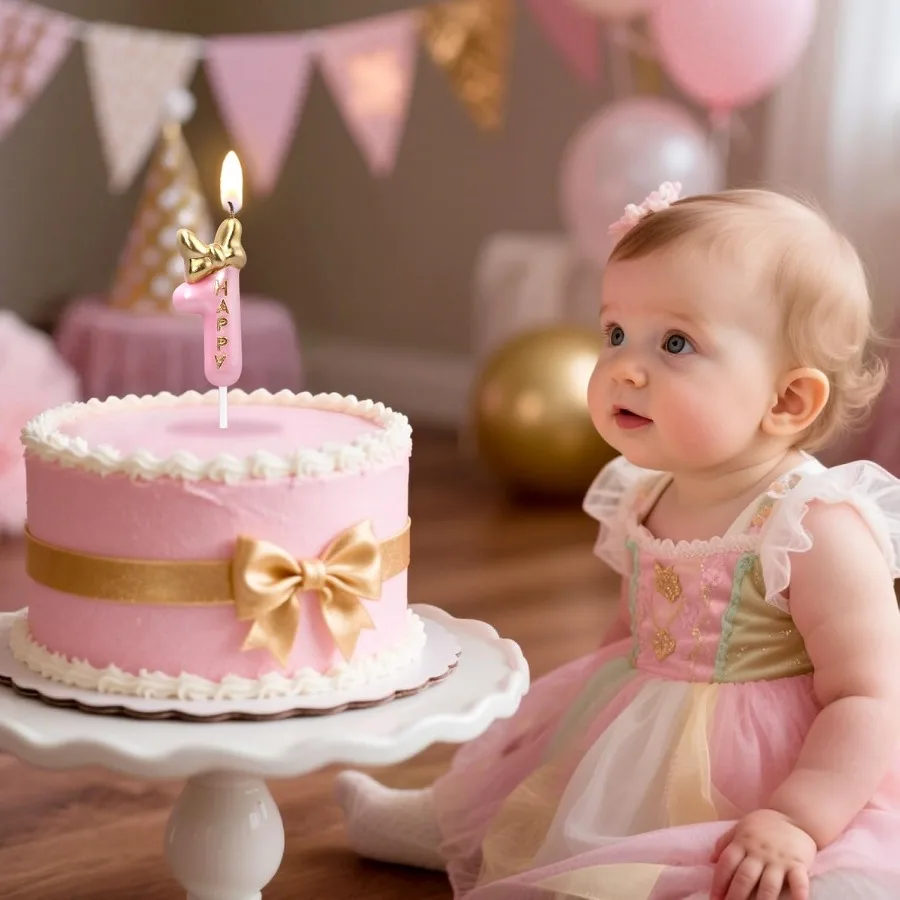 Birthday Number Candles Pink and Golden Bowknot Birthday Candles for Cake Glitter Number 1 Candle Cake Topper Decoration for Bo