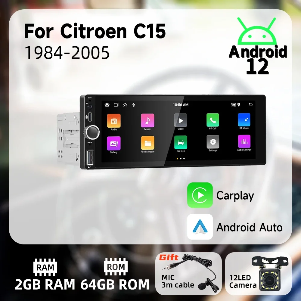 

Carplay Android Auto 1Din Radio Android for Citroen C15 1984-2005 6.86" Screen Car Multimedia Stereo Head Unit Autoradio BT WIFI