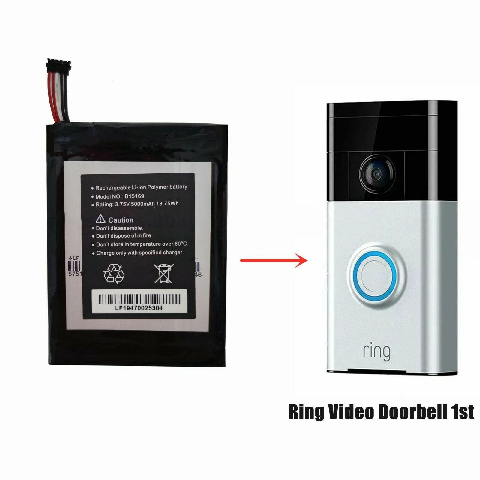 5000mAh New Battery B15169 For Ring Video Doorbell 1st Gen 720p Camera