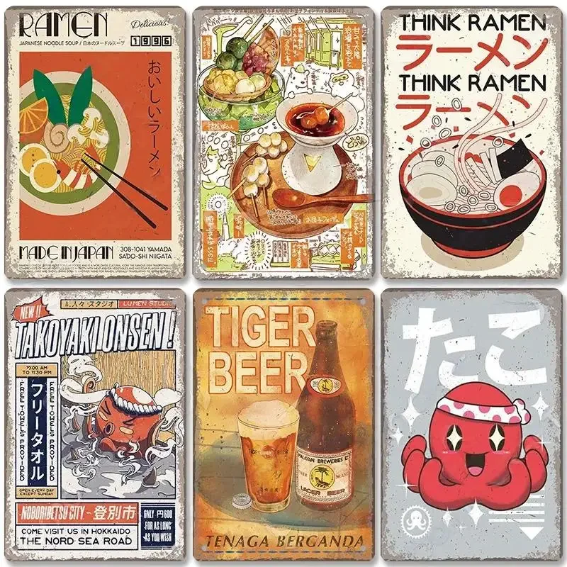 Vintage Japanese Foods Sushi Poster targa in metallo targa in alluminio Ramen birra piatti in metallo per cucina Home Man Cave Bar Wall Decor