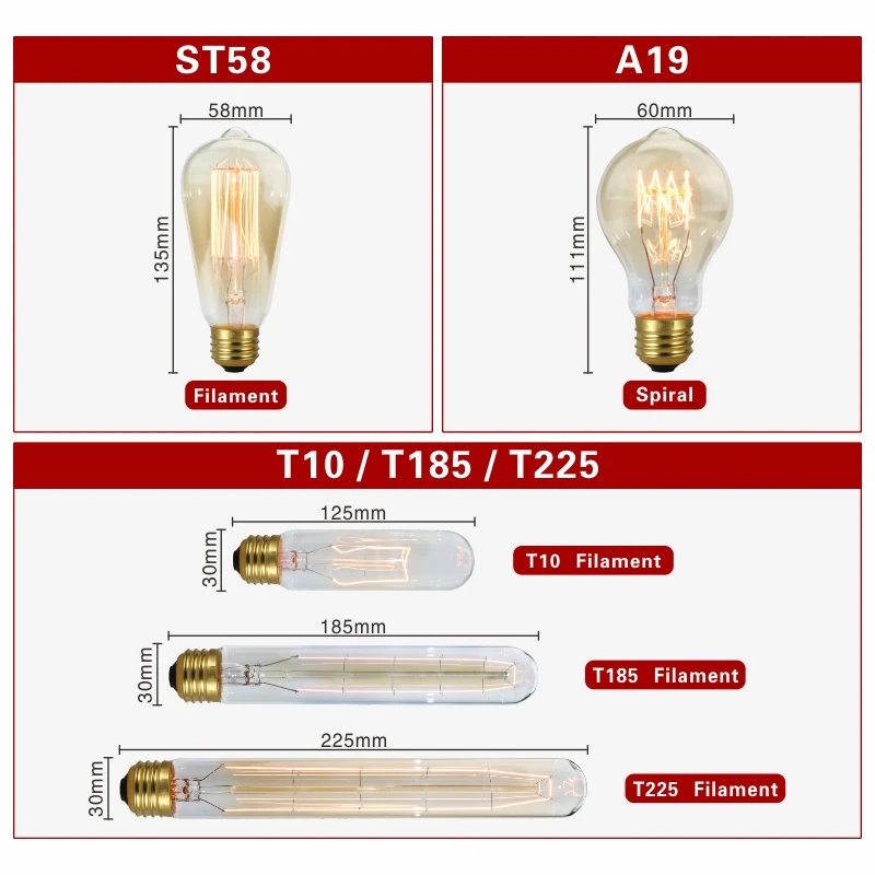 Retro Edison Bulb E27 220V 40W Light Bulb A60 ST58 ST64 T10 T45 T185 G80 G95 Filament Vintage Ampoule Incandescent Spiral Lamp