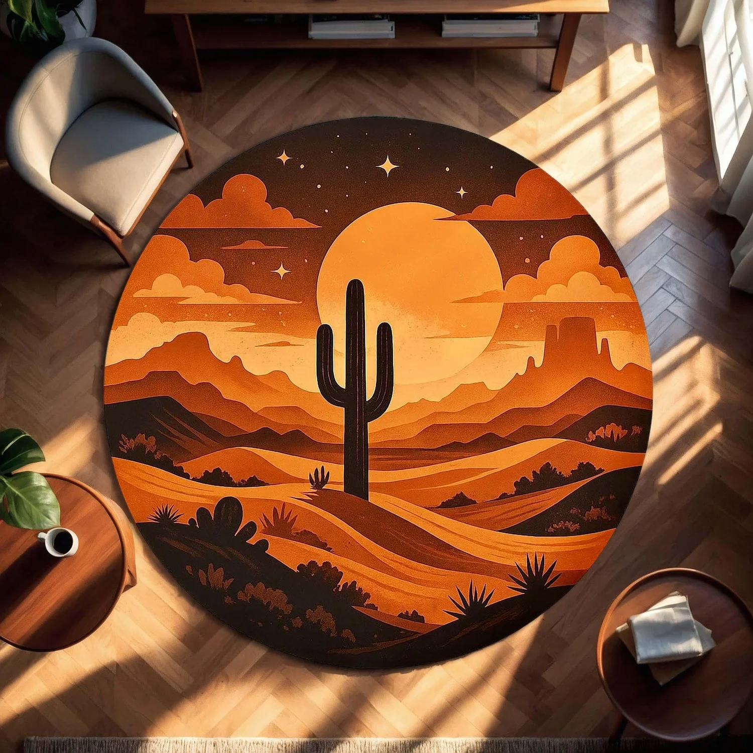 Desert Sunset Round Rug, Southwest Cactus Floor Art, Vintage Western Round Rug, Warm-Toned Bohemian Rug, Arizona Landscape Decor