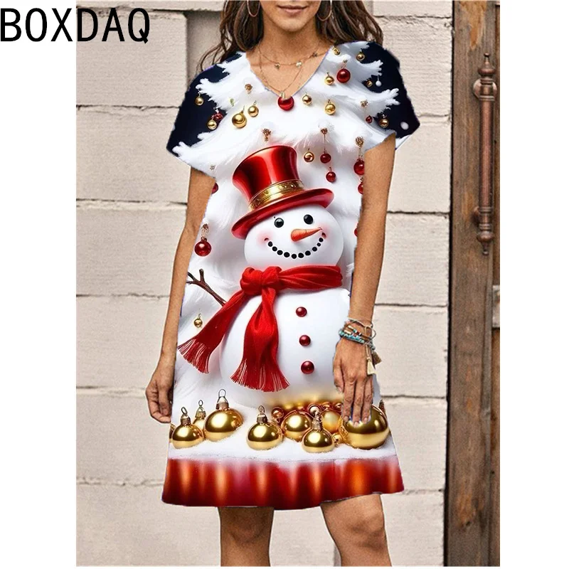 New Women\'s Christmas Dress 3D Cartoon Fun Snowman Print Mini Dress Short Sleeve V-Neck Casual A-Line Dress Vestidos