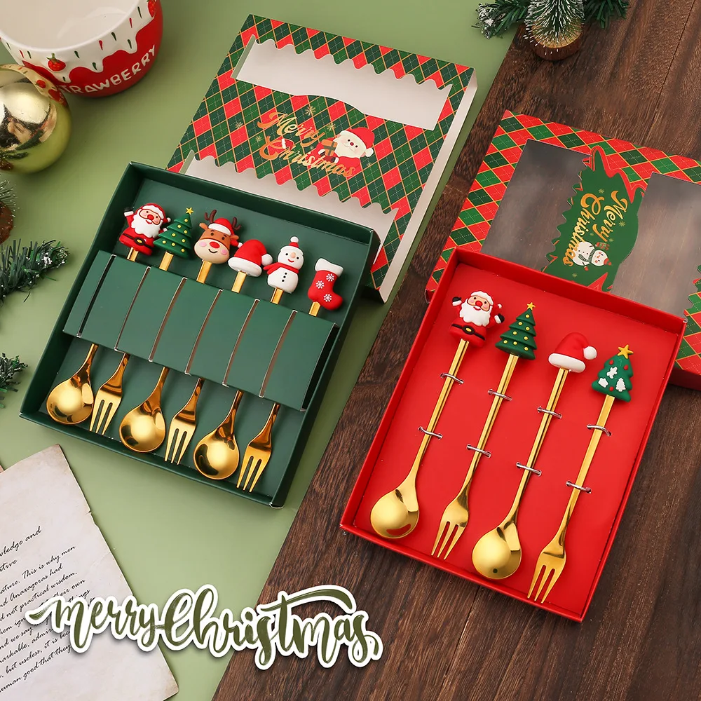 Set di 2/4/6 pezzi di forchetta e cucchiaio di natale, stoviglie Creative in acciaio inossidabile, Set regalo di forchette e cucchiai da Dessert per