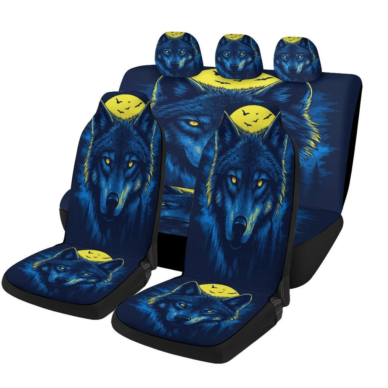 Car Seat Cover Set Featuring A Wolf Moon Night Design, Suitable For Various Vehicles. Stylish And Durable, These High-Quality Co