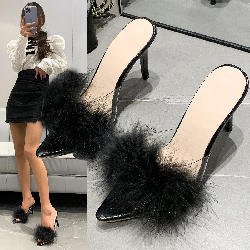 Estate Sexy piuma donna pantofole trasparente Perspex tacchi alti pelliccia Stiletto Peep Toe Mules Lady Slides scarpe rosa Plus Size