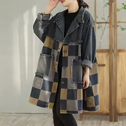 2024 New Arrival Spring Autumn Women Loose Casual Long Sleeve Single Breasted Trench Plaid Patchwork Cotton Denim Coat D334