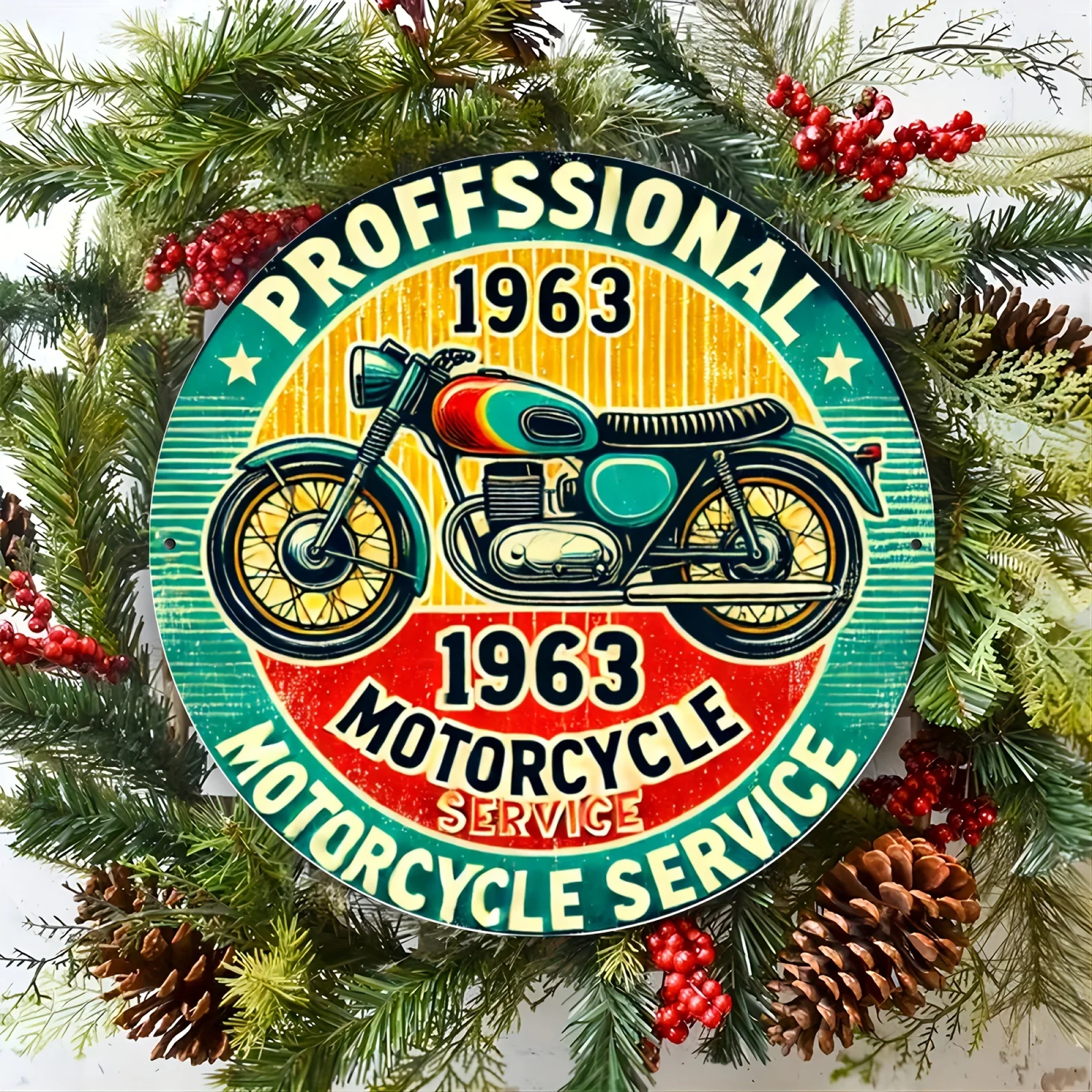 1pc 1963 Professional Motorcycle Service Retro Metal Wall Art, 8x8 Inch Round Aluminum Sign, Reusable Vintage Decor for Home, Ki