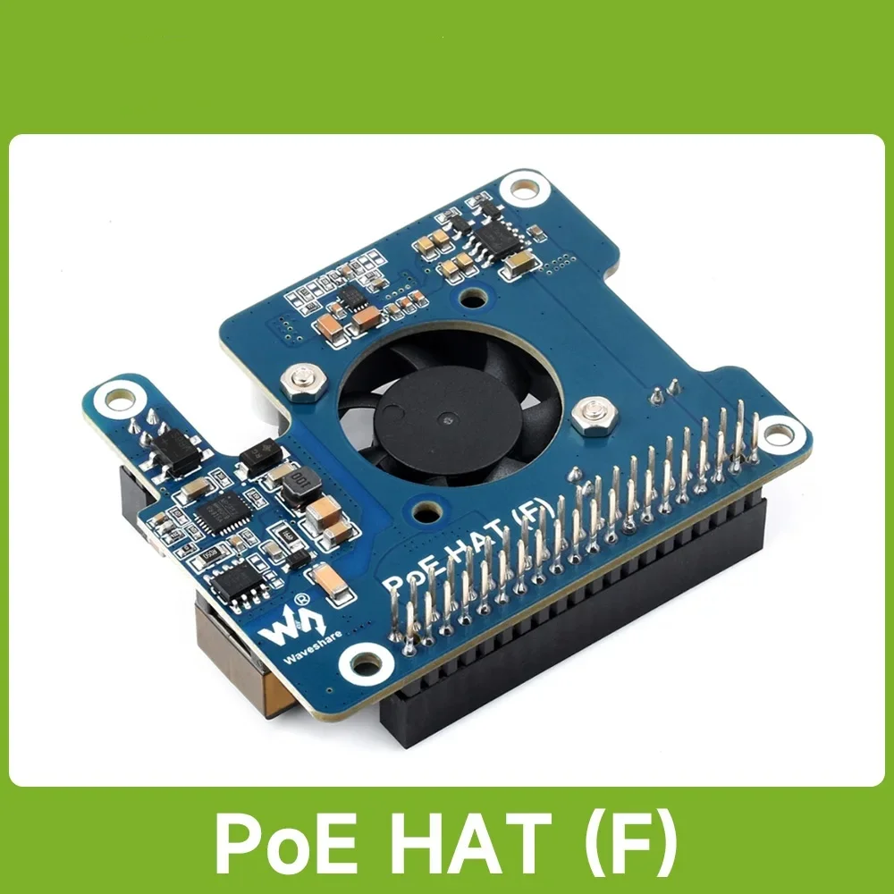 Waveshare PoE HAT (F) For Raspberry Pi 5, Cooling Fan, Supports 802.3af/at network, Metal Heatsink for RPi 5