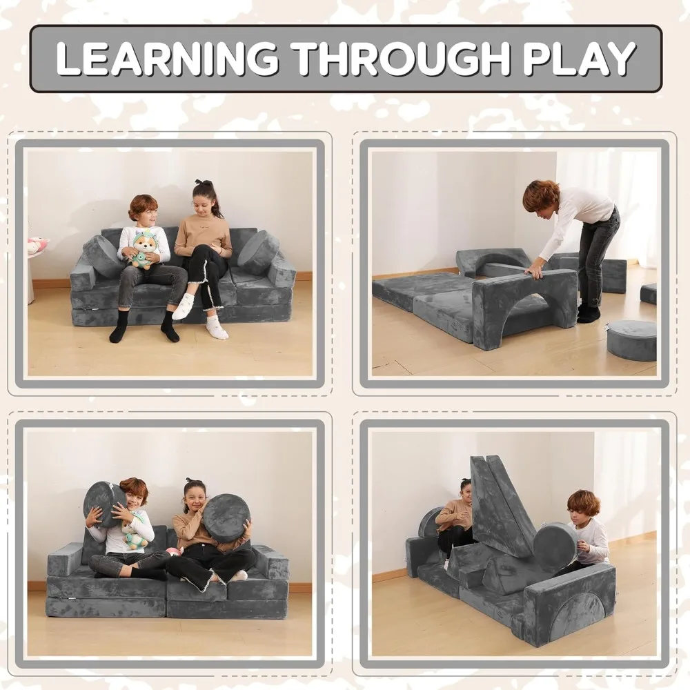 Child Sofa 14 PC Modular Kids Play Sofa Set, Child Couch with Soft Foam Sofa Cushions, Couch Play Room Furniture