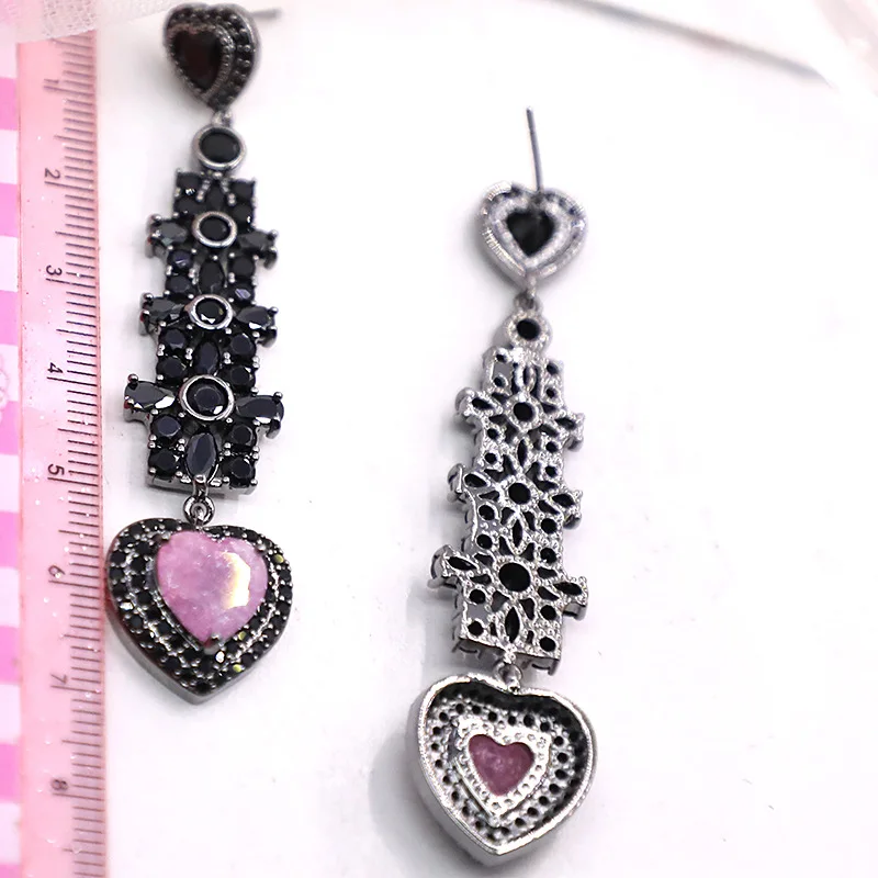 Bilincolor  Micro Set Black Zircon Pink Heart-Shaped Earrings for Women