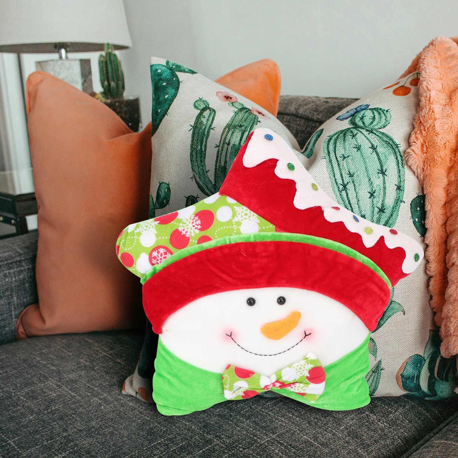 

1Pcs Snowman Christmas Throw Pillow Cartoon Sofa Cushion Five-Pointed Star Shape Xmas Home Decor Soft Comfortable Christmas