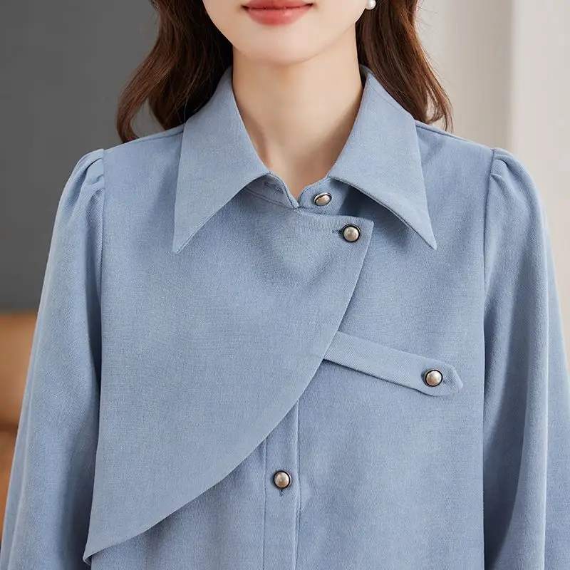 Korean Irregular Blue Blouse Women 2024 Spring New Sanding Fabric Long Sleeve Blouses for Woman Loose Shirt Top Blusas Mujer