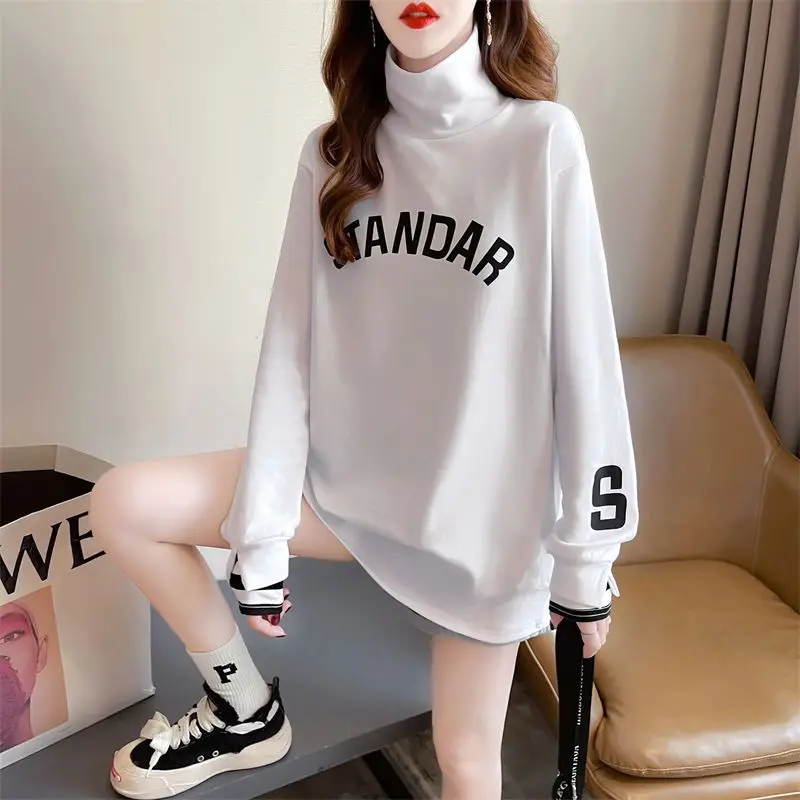 Winter Fleece Loose Fashion Printing O-neck T-Shirts Women Clothing Casual Letter Long Sleeve Striped Mid Length Top Female Tops