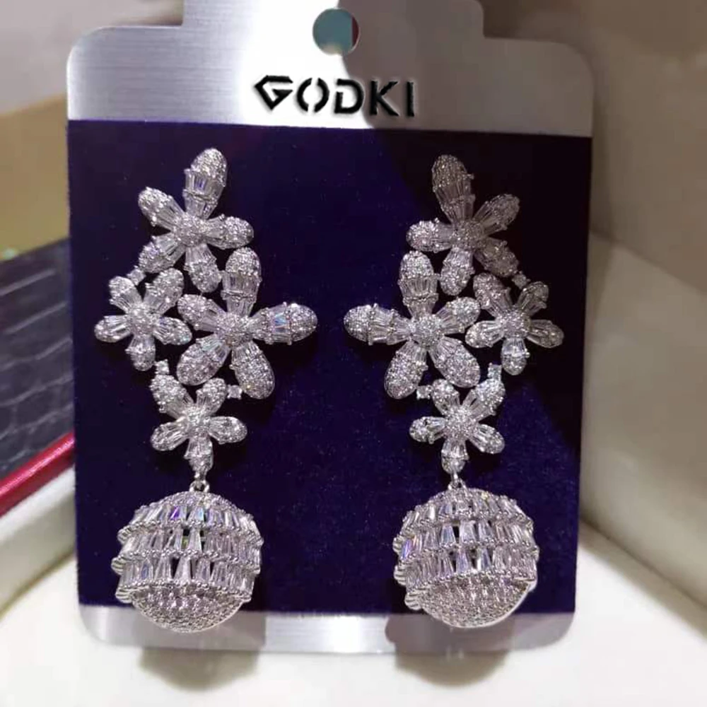 GODKI Tricolor  Flower Cluster Earrings for Women Wedding Cubic Zircon Fashion Engagement Party Jewelry pendientes mujer moda