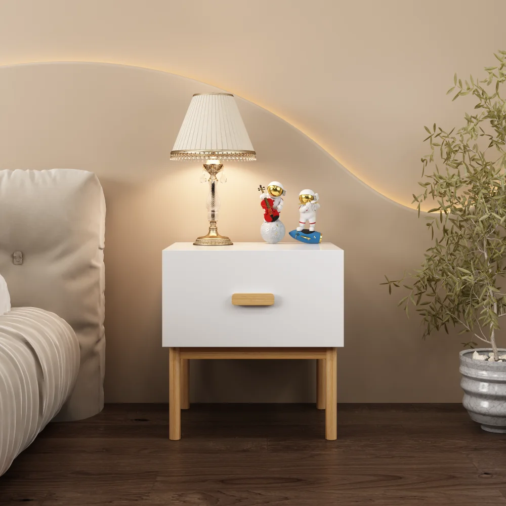 

Modern White Nightstand with Drawer and Wood Legs, Minimalist Bedside Table with Handle for Bedroom