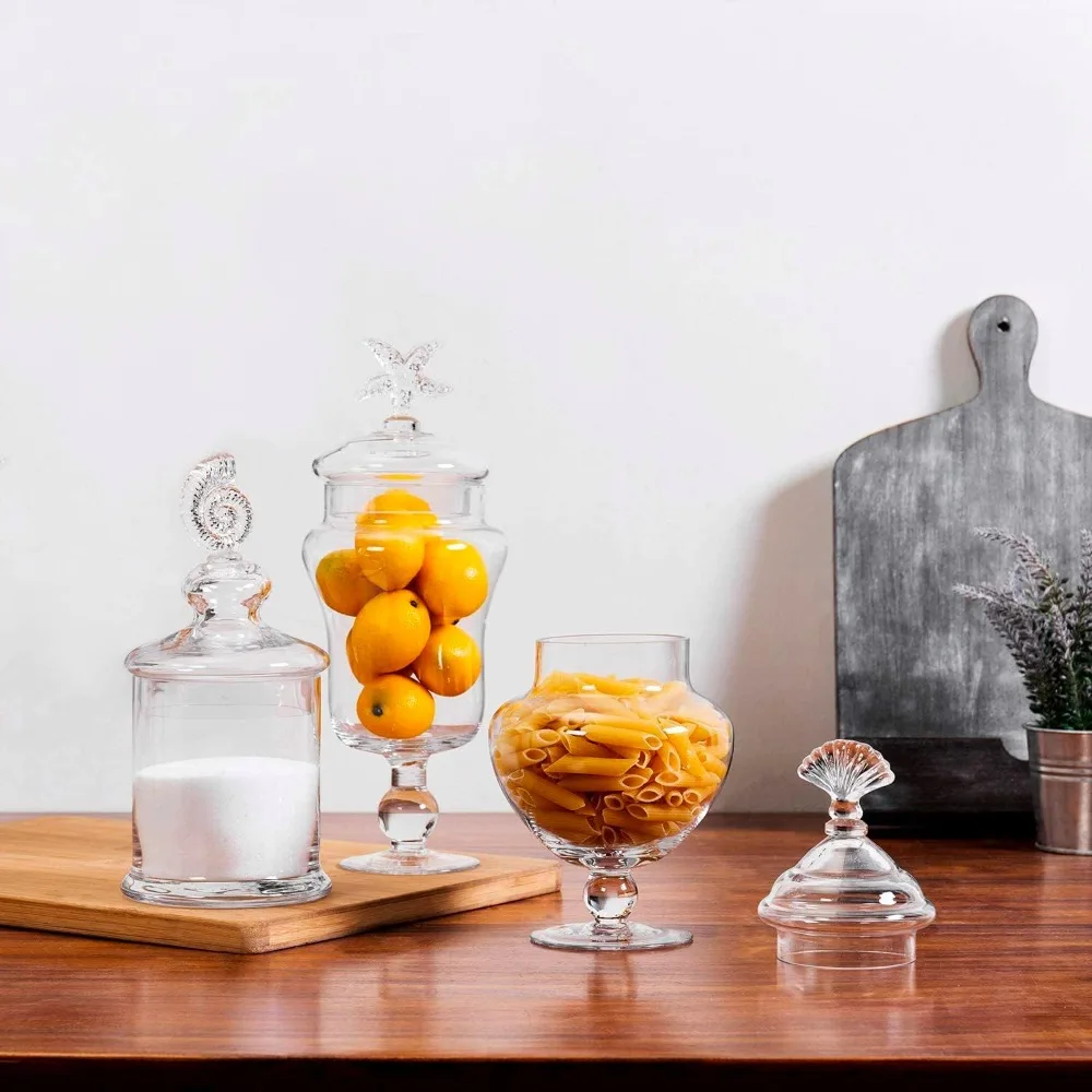 ชุดใหม่ 3 แก้วใส Apothecary Jars w/ฝาปิด,ตกแต่งเปลือกหอยออกแบบห้องน้ํากระป๋อง, เท้า Candy บุฟเฟ่ต์คอนเทนเนอร์