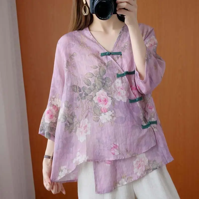 Women Summer New V-neck Cotton Linen Irregular Pullover Fashion Retro Ethnic Style Button Printing Versatile Cropped Sleeve Tops