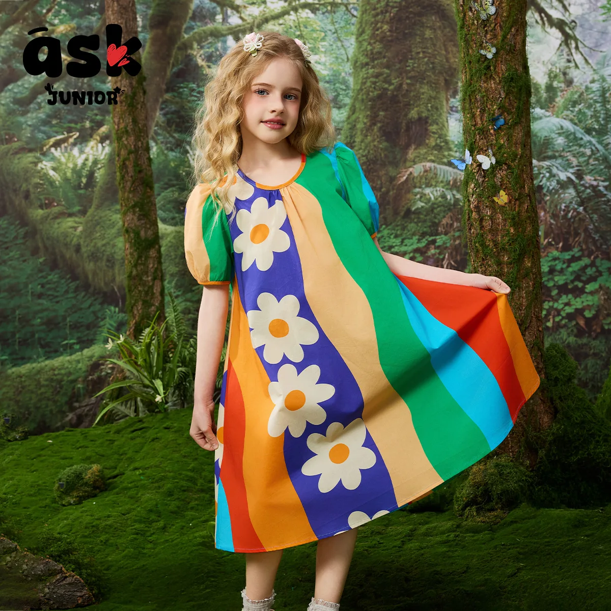 فستان صيفي للفتيات من Tween بأكمام فقاعية بألوان متباينة لقضاء العطلات على شاطئ البحر #1