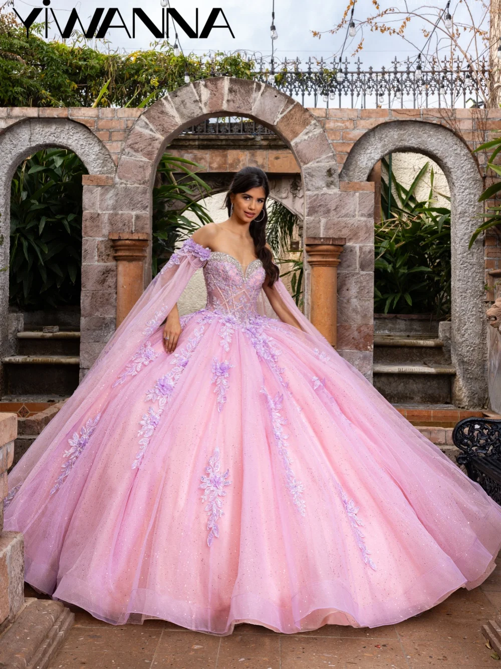 

2026 New Handmade 3D Floral Quinceanera Dress Dazzling Crystal Cape Sleeve Ball Gown Long Exquisite Sweet 15 Party Vestidos