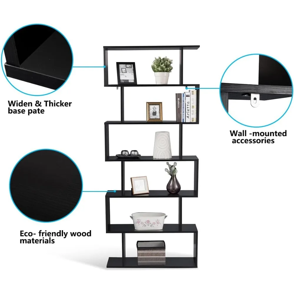 

6-Tier Geometric Bookcase, Modern S-Shaped Storage Display Bookshelf for Living Room, Anti-Toppling Device, Customized