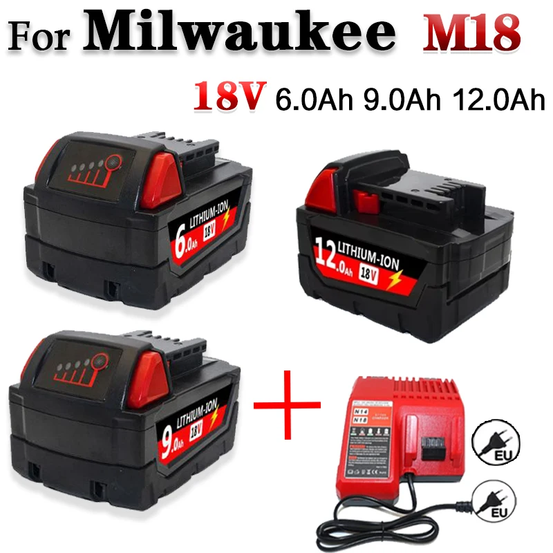 For Milwaukee M18 Power Tool Battery, Charger, BR, XC, 18V Milwaukee M18B5 48-11-1860 Built-in 18650 Battery 6.0Ah/9.0Ah/12.0Ah