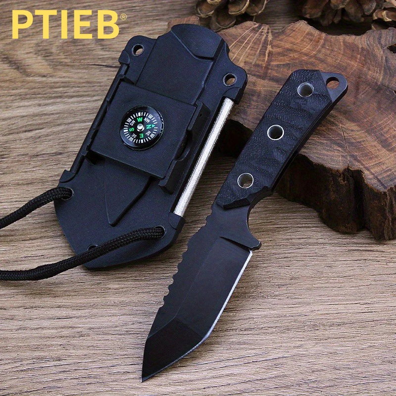 PTIEB Portable Self-Defense Survival Knife With Flint Compass And Mirror - Ideal For Outdoor Camping, Hiking, And Emergencies