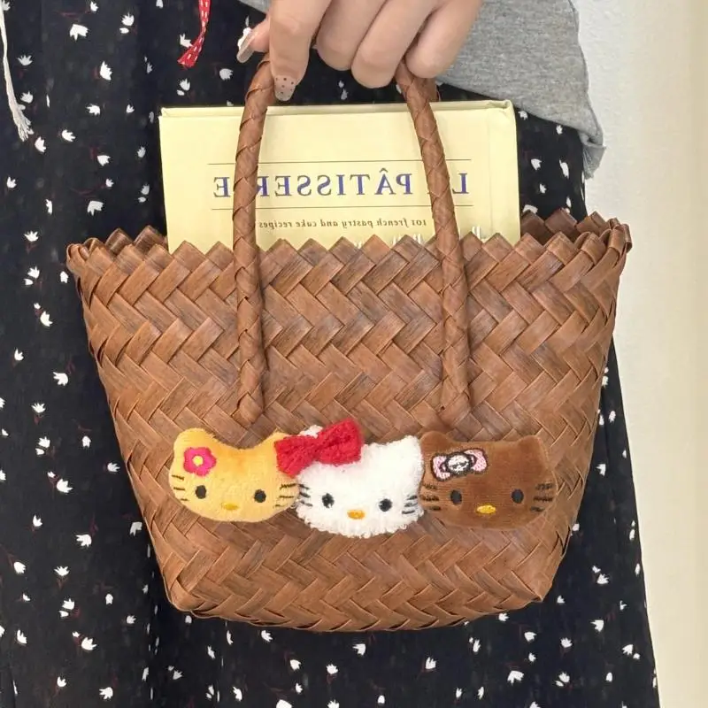 Hello Kitty Weaving Handbag Anime Cartoon Sanrio Handmade Weaving Handbag Female Vegetable Basket Handbag Beach Bag