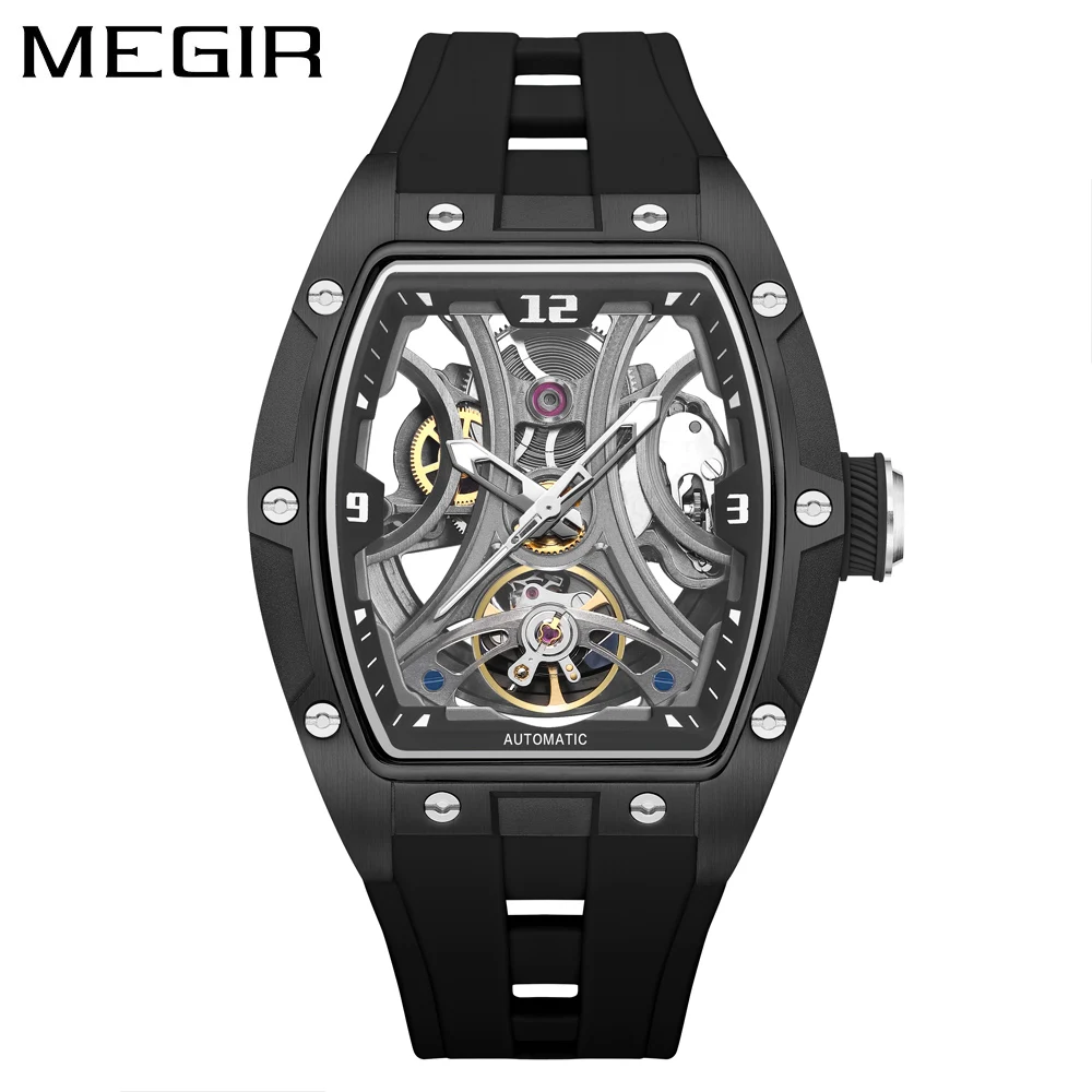 MEGIR 2245 Tonneau Skeleton Auto Watch Men Luminous Hands Steel Case Silicone Band Luxury Hollow Mechanical Male Wristwatch